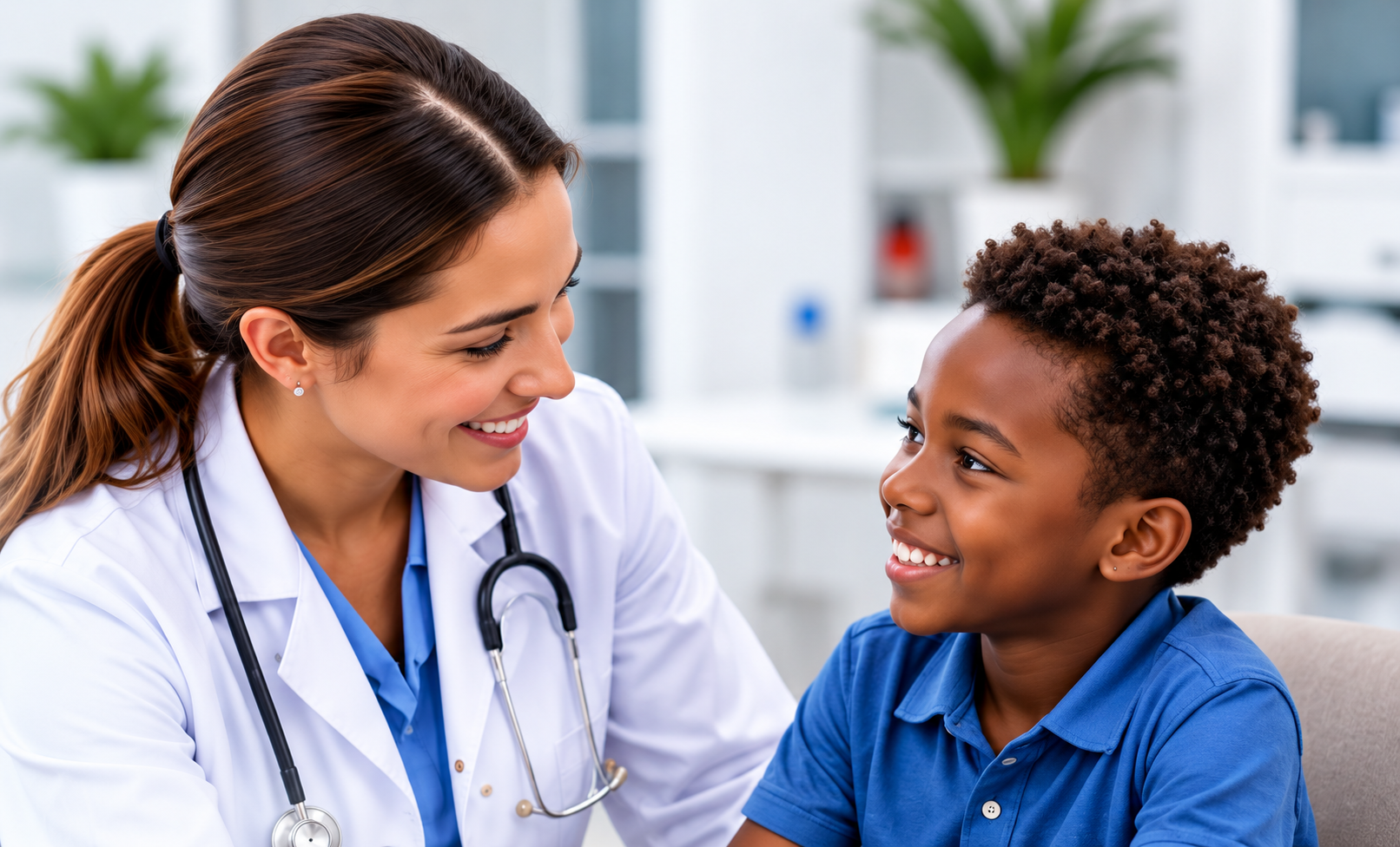 Smiling doctor with stethoscope talking with a smiling child patient