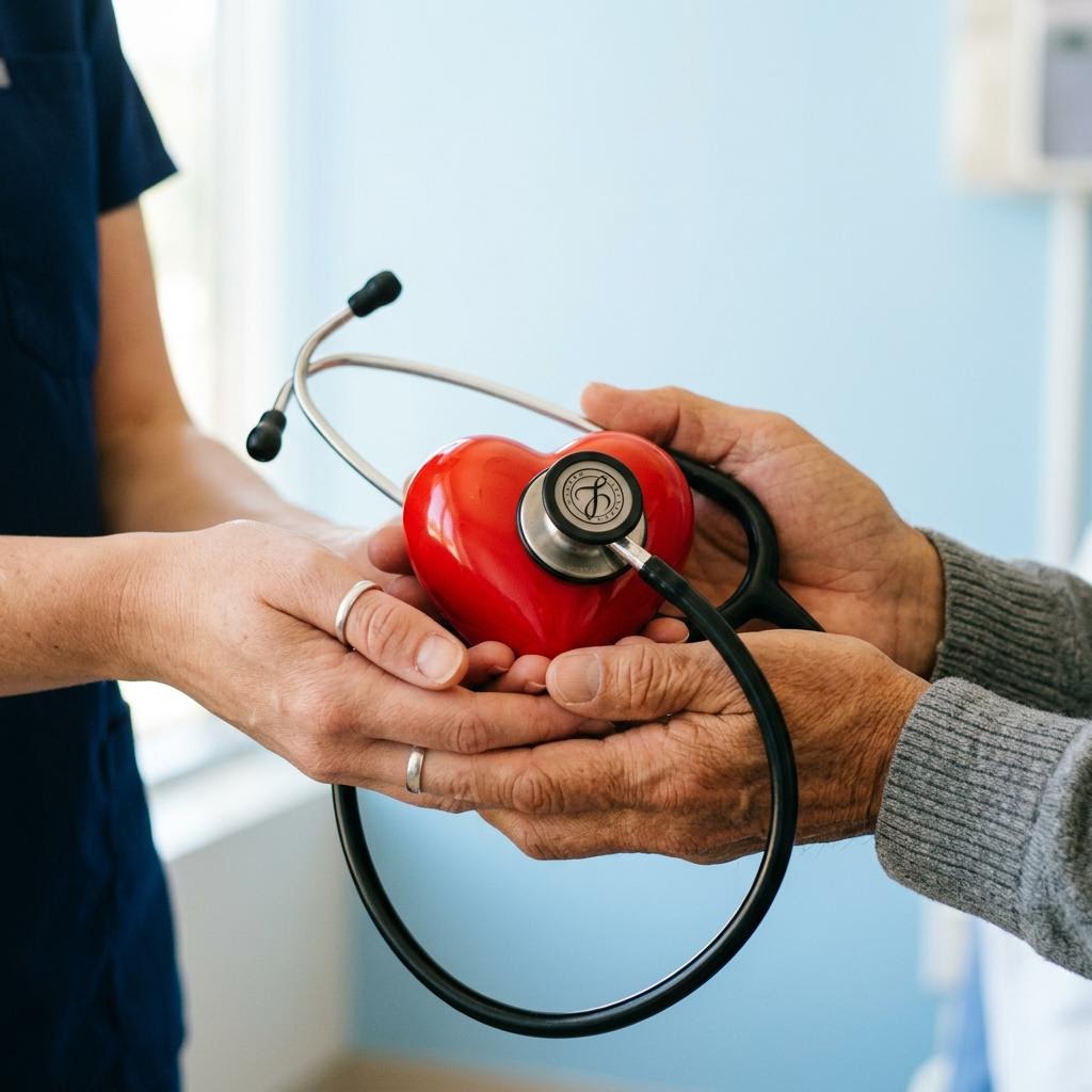 Hands holding a red heart with a stethoscope
