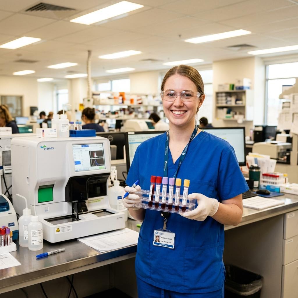 Lab technician holding blood sample tubes