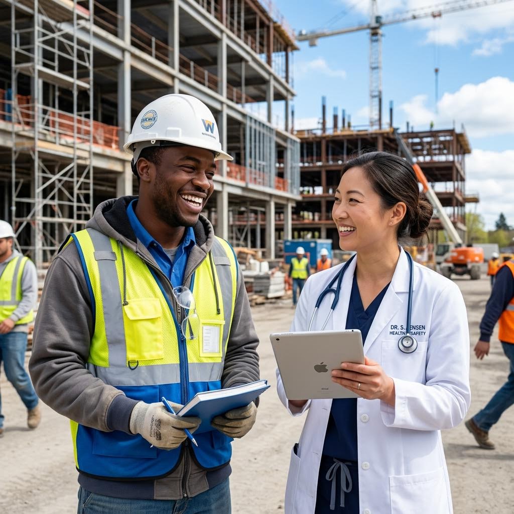 Healthcare professional with a worker in a hard hat