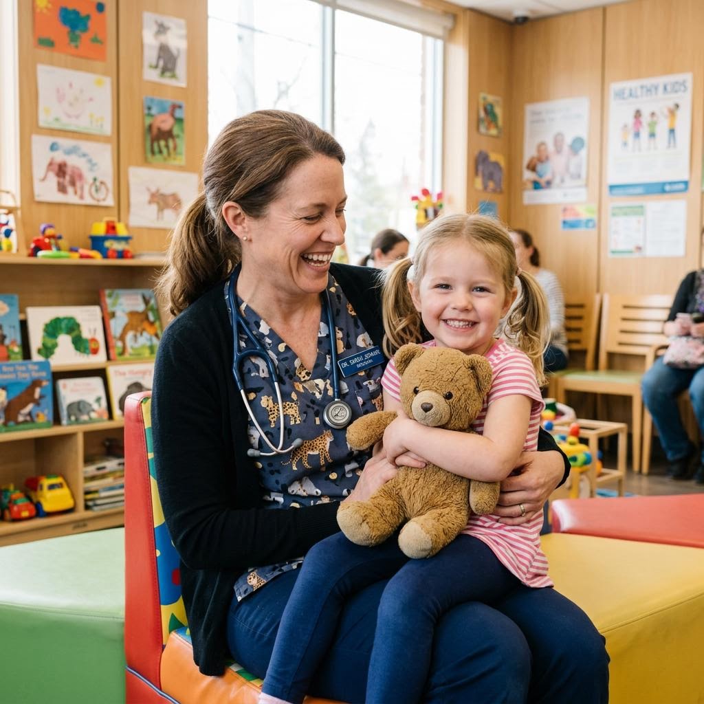 Pediatric provider with a young girl and teddy bear