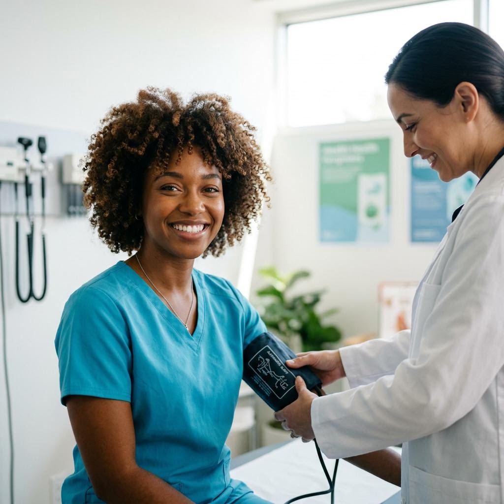 Smiling woman at a wellness visit